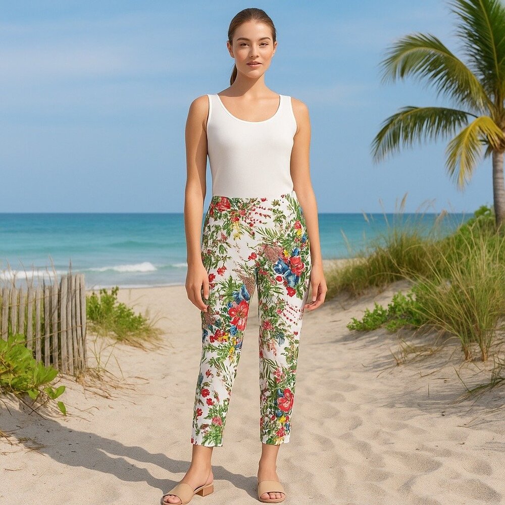 Joseph Ribkoff Women Floral Slim Ankle Pants Size 8 Tropical Resort Boho Coastal